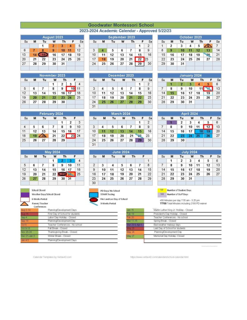 This is an image of the approved academic calendar for the 2023-2024 school year. Please contact the school if you require a different format.