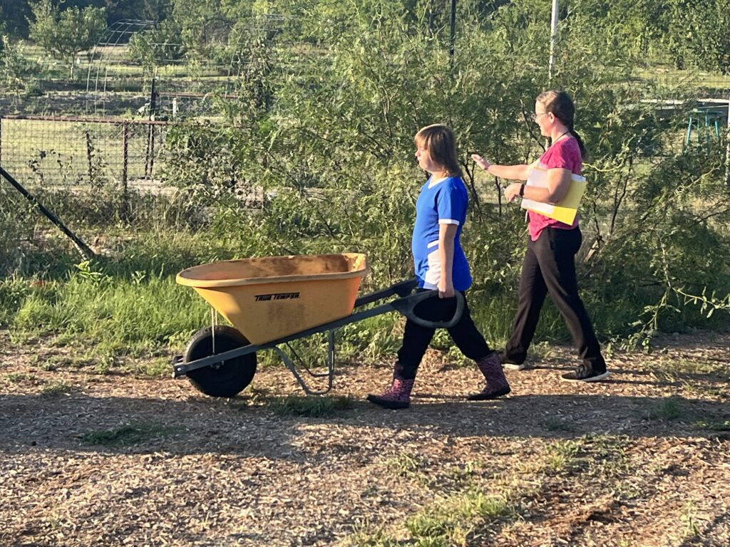 adolescent students push a wheelbarrow down a mulched path
